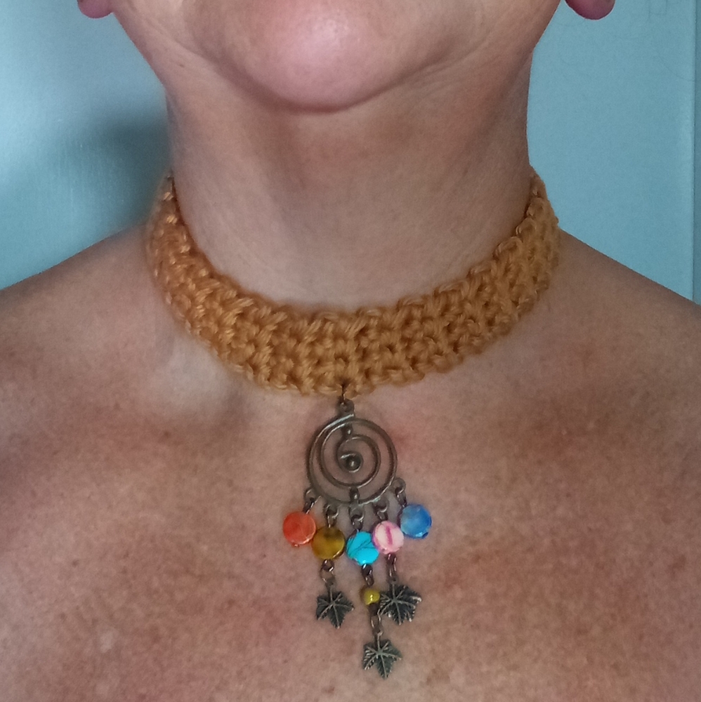 Handcrafted Necklace Golden Tan Crochet Choker Brasstone Multi Beaded Pendant
